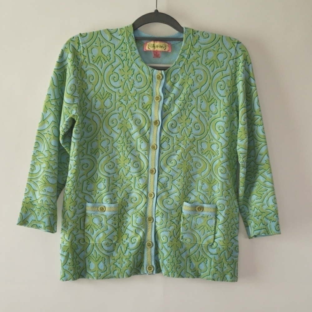 Lilly & Van Cardigan Sweater Sz Medium Green Blue Pockets Button Up Ribbon